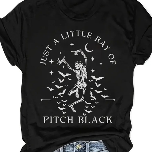 Tops - Just a Little Ray of Pitch Black Graphic Tee with Skeleton and Bats size M